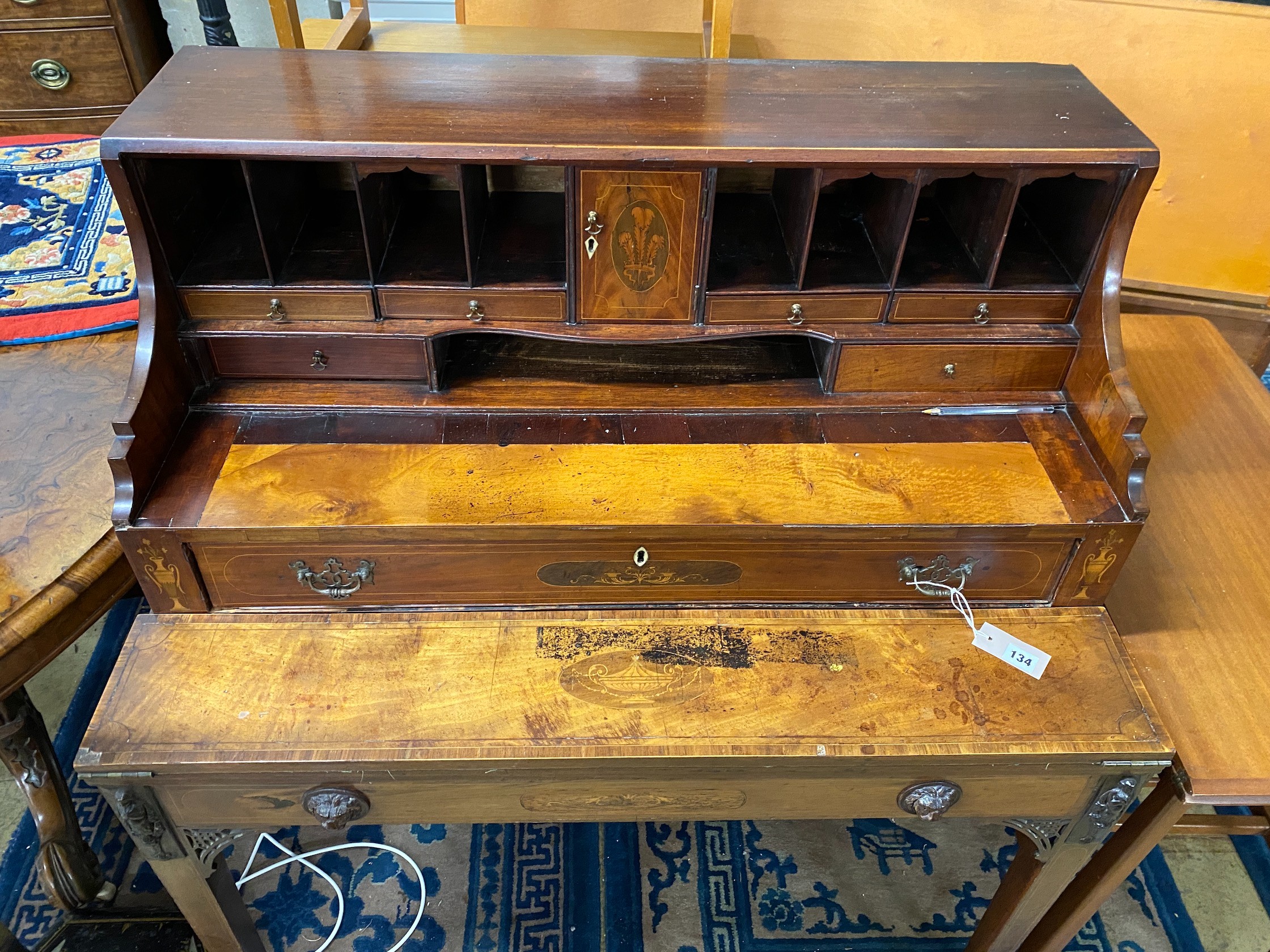 A George III and later inlaid mahogany writing desk, adapted, width 100cm, depth 62cm, height 115cm